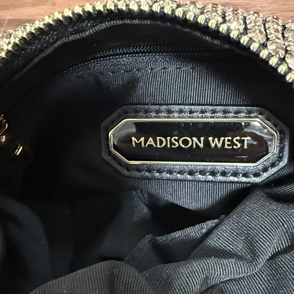 NWT Madison West Champagne Rhinestone Bag with a Knotted Top Handle.